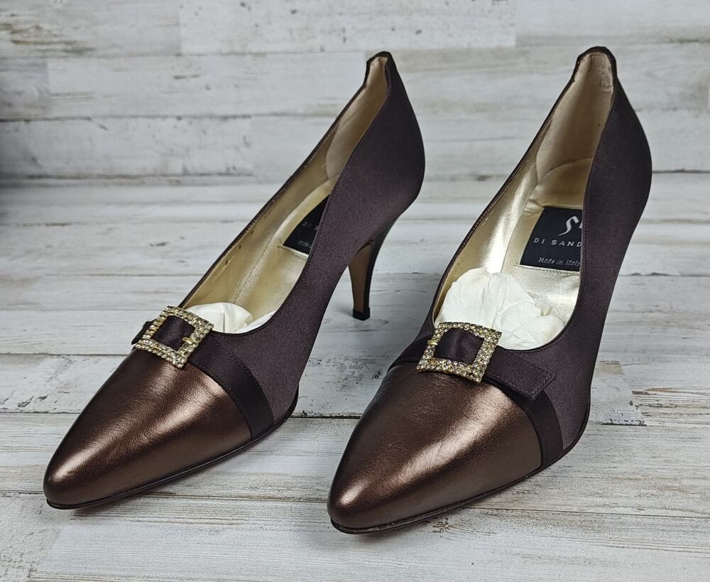 Di Sandro Pumps Brown Satin/Metallic Bronze Leather W/Rhinestone Buckle US9/EU40